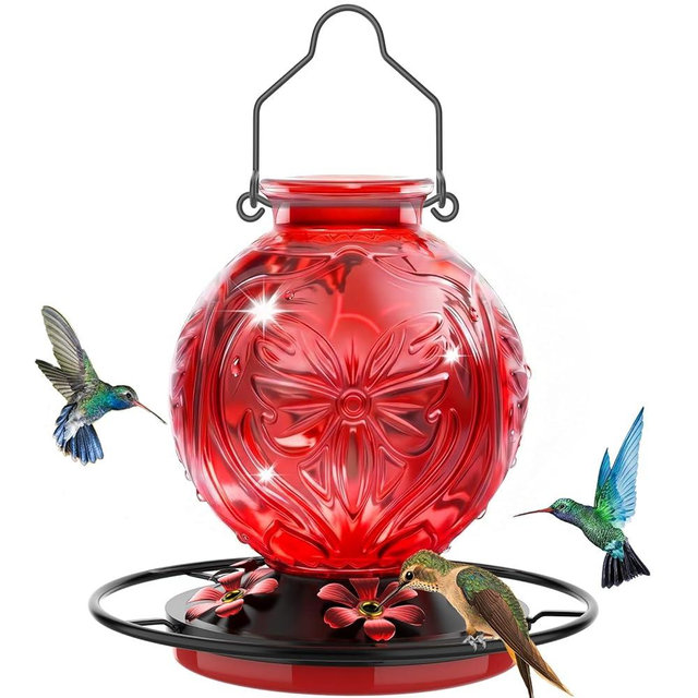 Glass Hummingbird Feeder for Outdoors Hanging, 25Oz Humming Bird Nectar Feeders with Perch & 5 Flower Feeding Ports, Leak Proof for Outside Garden Decor, Gifts for Women (Red)