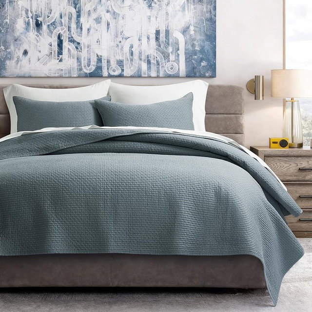 EVERGRACE Cotton Sateen Pick-Stitch Quilt Set King Size – 100% Cotton Lightweight Coverlet Bedding, Pre-Washed Oversized Bedspread, Breathable All-Season Quilt Set with 2 Shams, Dusk Blue