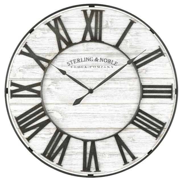 Sterling & Noble® 18-Inch Round Rustic Wood and Metal Roman Grill Wall Clock in White