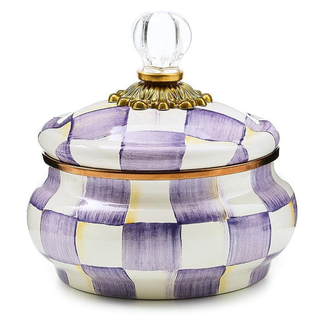 MACKENZIE-CHILDS Enamel Squashed Pot, Enamelware Storage Canister with Lid, 20 Ounces, Purple-and-White Violet Check
