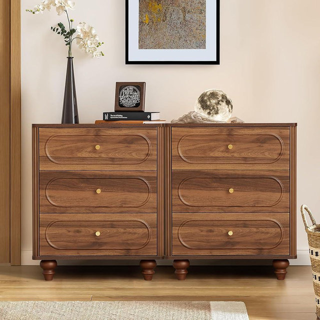 ORRD 3 Drawer Fluted Dresser for Bedroom Set of 2, Mid Century Modern Chest of Drawers, Wood Storage Small Dresser Organizer for Bedroom Living Room Hallway Closet, Walnut