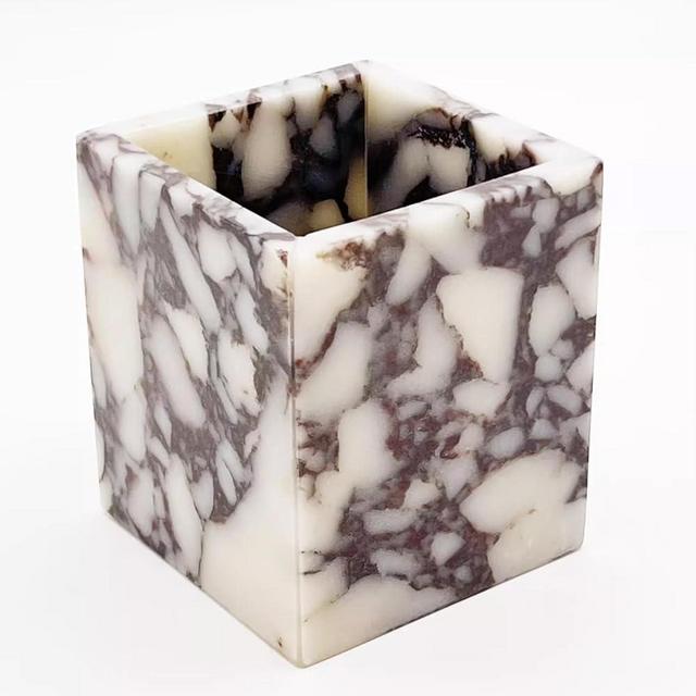 Artisanal Abode Marble Pen Holder, White Stone Rectangular Desktop Organizer, Office Study Makeup Brush Storage, Home Desk Decor, Minimalist Design, Durable Marble Accessory