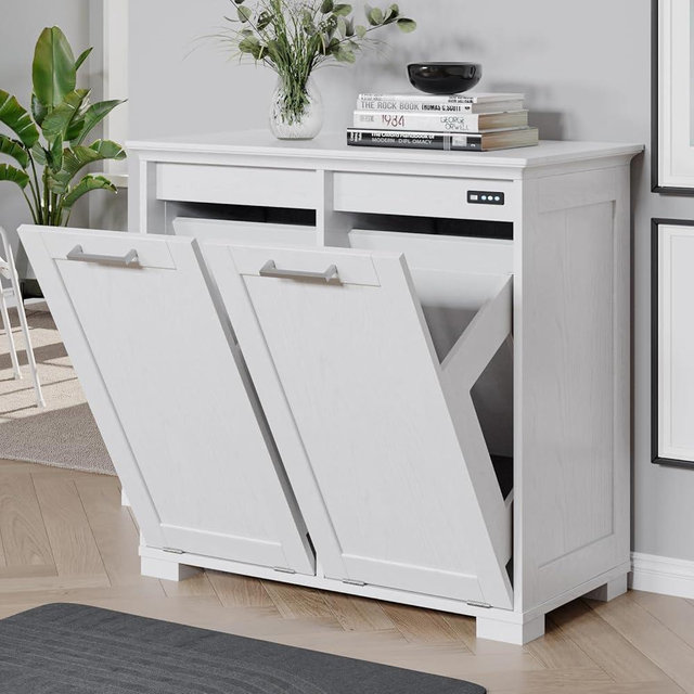 UpWiew Tilt Out Trash Cabinet Wooden, Double Door 2x10 Gallons, White Finish