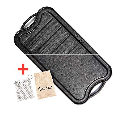 Uno Casa Cast Iron Griddle Grill Pan for Stove Top - 20x10 Inch Pre-Seasoned Camping Griddle with Chainmail Cleaner