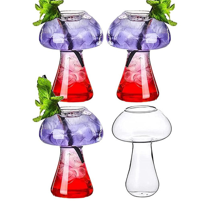 Mushroom Glasses Mushroom Cocktail Glass Cup Set of 4 Clear Mushroom Shaped Drinks Cups 8oz/250ml Wine Glasses for Party Novelty Mushroom Glasses Drinking Glassware for KTV Bar Club (Transparent)