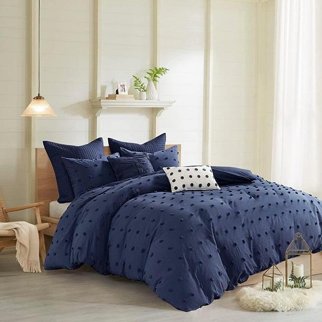 Urban Habitat Cotton Comforter Set - Jacquard Tufts Pompom Design All Season Bedding, Matching Shams, Decorative Pillows, King/California King (104 in x 92 in), Indigo 7 Piece