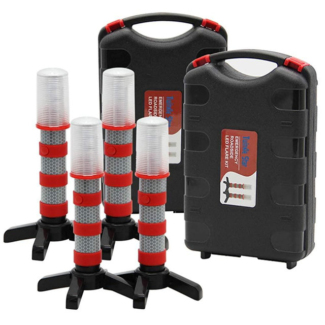 Twinkle Star Emergency Roadside Flares Kit LED Safety Strobe Road Warning Light Highway Beacon Alert Flare with Magnetic Base, Detachable Stand, Solid Storage Case (Set of 4)