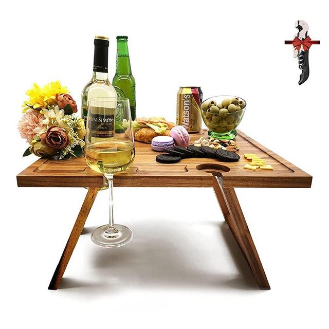 Portable Fun Picnic Table Foldable, Outdoor Wine Tray for Champagne, Glasses, Cheese, Snack for Romantic Dinners Outside, Beach, Camping, Concerts at Park, Perfect Wine Lover Gift, with Wine Opener