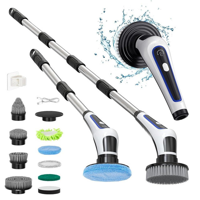 Feeloco IPX 7 Electric Spin Scrubber,Horse Power Scrubber with Long Handle,Automatic Rotating Scrub Brush with 9 Replaceable Brush Heads,Shower Spin Brush for Cleaning Bathroom Tub Kitchen