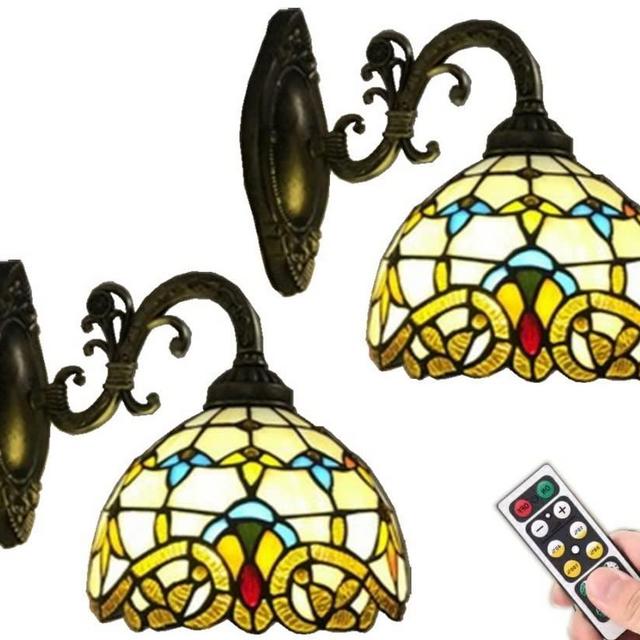 8'' Tiffany Sconces Wall Lights Battery Operated Wall Lamp 2 Pack,Indoor No Wire LED Rechargeable Wall Lights Timer Dimmable Vintage Remote Wall Sconce light Fixture for Bedroom Living Room Vanity
