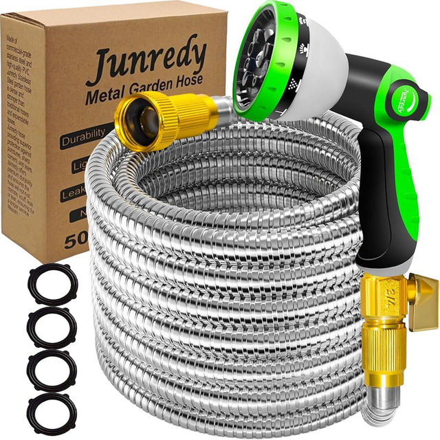 50FT Stainless Steel Garden Hose, Heavy Duty Flexible Metal Water Hose with 10-Function Nozzle, Lightweight & No-Kink Garden Hose, Durable Solid Fittings for Lawn, Car, RV, and Outdoor Watering