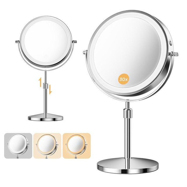 tubbede Makeup Mirror, 1X/30X Double Sided Magnifying Mirror with 3 Colors, 3200 mAh Rechargeable Vanity Mirror with 360° Rotation, Brightness Adjustable Light up Mirror, Women Gift