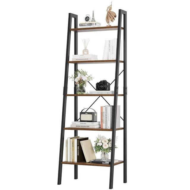 finetones 5-Tier Ladder Shelf, Ladder Bookshelf Bookcase with Metal Frame, Plant Rack Display Shelf Accent Furniture for Home Office, Black/Rustic Brown