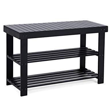 SONGMICS Black Shoe Rack Bench, 3-Tier Bamboo Shoe Organizer, Storage Shelf, Holds Up to 264 Lb, Ideal for Entryway Hallway Bathroom Living Room and Corridor