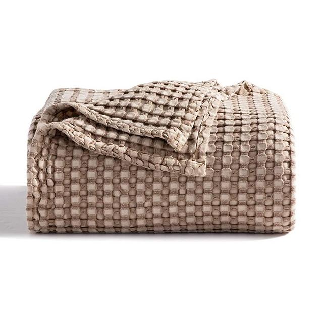 Bedsure 50% Cotton 50% Bamboo Blanket, Waffle Weave Throw Blanket for Couch Sofa, Soft Decorative Lightweight Blanket for All Seasons (Throw Size, 50 x 60, Khaki)