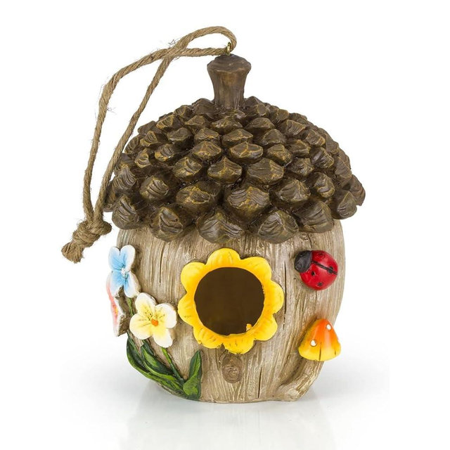 Dawhud Direct Hanging Bird House - Hand-Painted, Durable Polyresin Bird Houses for Outside - Decorative, Weather-Resistant Acorn Cottage for Garden, Deck, and Patio