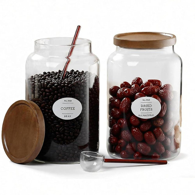 1 Gallon Food-Grade Glass Mason Jars with Acacia Wood Lid and glass spoon, Sealable Waterproof, Large Tall Decorative Glass Container Jar Set for Coffee, Nut, Candy, Cereal, Sugar, Flour - 2 Pack