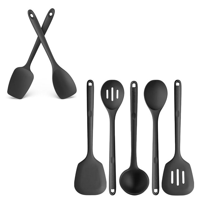 U-Taste 600ºF Heat Resistant 13.6" Extra Long Silicone Cooking Tools Set of 5 and 600ºF Heat Resistat Silicone Flexible Baking Spoon Spatula & Cooking Scoop Spoonula (Black)