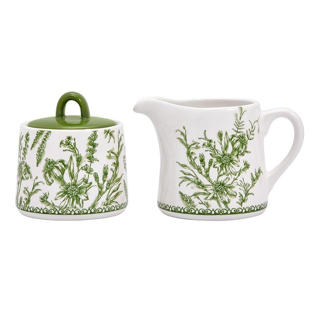 Bico Green Garden Toile De Jouy Ceramic Sugar and Creamer Set, Sugar Bowl with Lid, Cute Container for Coffee Bar, Kitchen Countertop Accessories, Microwave and Dishwasher Safe