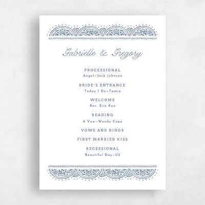 Dark Cobalt, White Wedding Program - Carmel