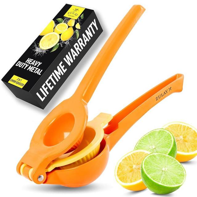 Zulay Kitchen Metal 2-in-1 Lemon Squeezer - Sturdy Max Extraction Hand Juicer Lemon Squeezer Gets Every Last Drop - Easy to Clean Manual Citrus Juicer - Easy-Use Lemon Juicer Squeezer - Orange/Yellow
