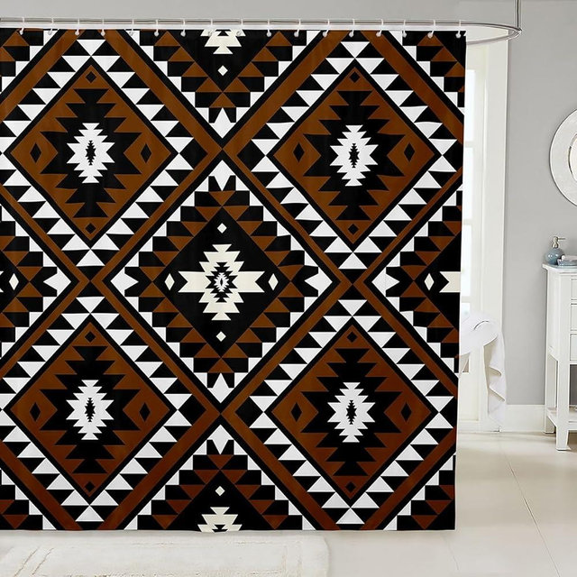 Rustic Western 72"Wx72"L Shower Curtain For Bathroom,Southwestern Aztec Bathroom Curtain Bohemian Bath Curtains Ethnic Mexican Style Geometric Farmhouse Bathtub Accessories Brown Black White