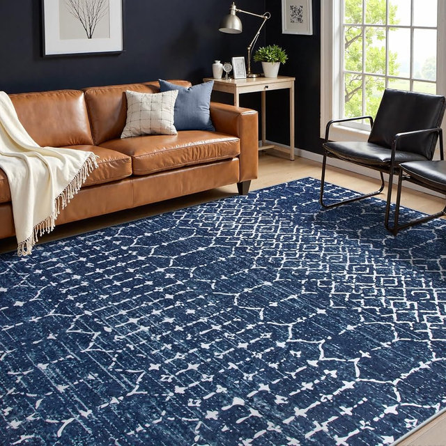 Lahome Moroccan Blue Rugs for Living Room Washable Rugs 8x10 Non-Slip Ultra-Thin Extra Large Area Rug Throw Stain Resistant Rug for Dining Room Table, Geometric Print Modren Rug for Bedroom Hana