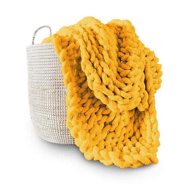 Adyrescia Chunky Knit Blanket Throw | 100% Hand Knit with Jumbo Chenille Yarn (50"x60", Harvest Yellow)