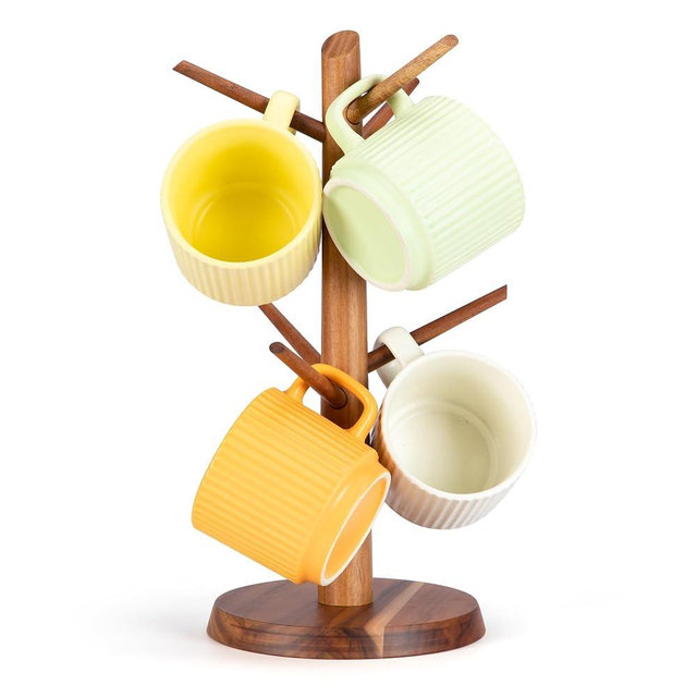 E-ROOM TREND Acacia Wood Mug Holder, Wooden Mug Tree, Coffee Mug Holder for Kitchen Counter, Coffee Bar and Home Organizer with 6 Hooks, Easy to Assemble, Natural Wood Color