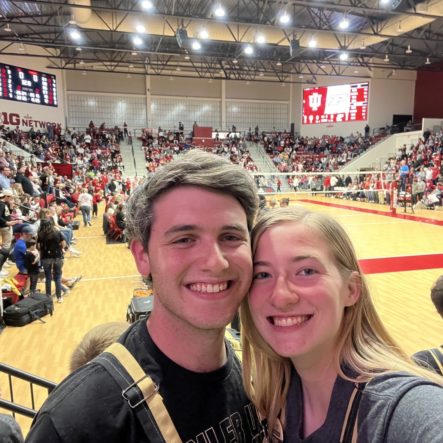 Cheering on Purdue Volleyball at IU as they come from behind to win 3 sets to 2.
