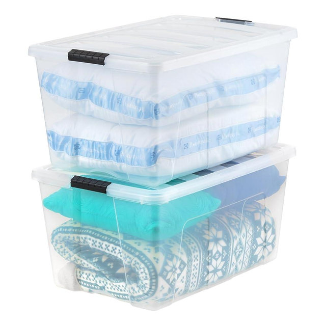 IRIS USA 94 Quart Stackable Plastic Storage Bins with Lids and Latching Buckles, 2 Pack - Clear, Containers with Lids and Latches, Durable Nestable Closet, Garage, Totes, Tubs Boxes Organizing