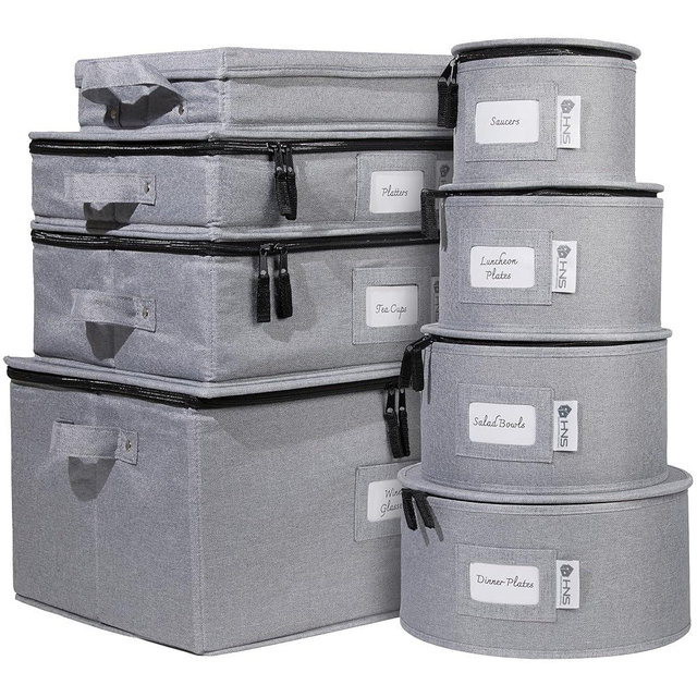 China Storage Hard Shell Containers 8-Piece Set Moving Boxes for Dinnerware, Glasses, Plates, Mugs and Saucers Sturdy Dish Organizer with Dividers for Seasonal Storage - Service for 12 - Gray