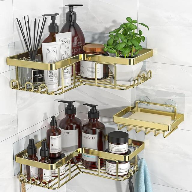 YASONIC Corner Shower Caddy, 3-Pack Adhesive Shower Caddy with Soap Holder and 12 Hooks, Rustproof Stainless Steel Bathroom Shower Organizer, No Drilling Wall Mounted Shower Rack, for Bathroom, Gold