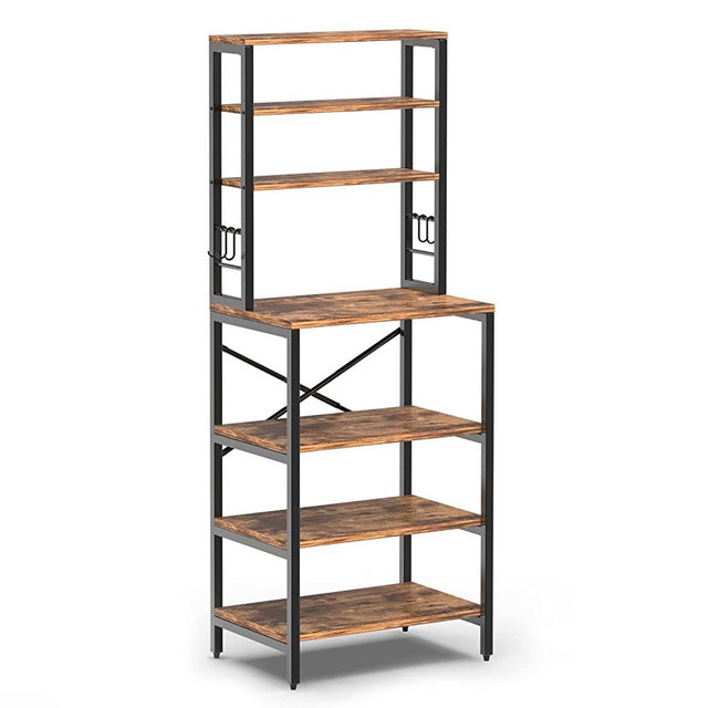AMOSIC Industrial Kitchen Baker’s Rack, Multiuse 7-Tier Metal Kitchen Bakers Rack, 6 S-Hooks, Floor Standing Spice Rack Organizer Workstation, for Microwave, Spice Jars, Pots and Pans, Rustic Brown