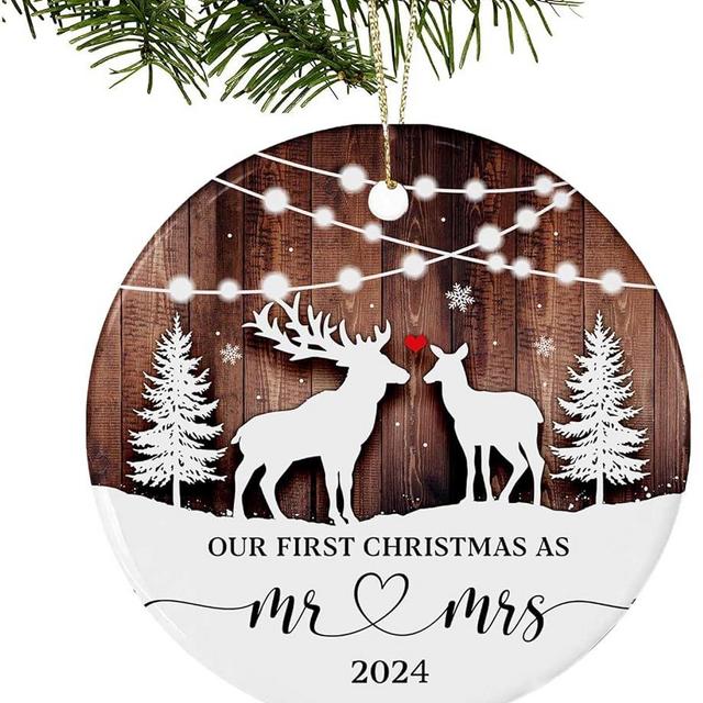 Our First Christmas Married Ornament 2024,Just Married Christmas Ornament as Mr and Mrs, First Year Newlywed 2.9" Ceramic Round Ornament, Wedding Decoration for Couple Married