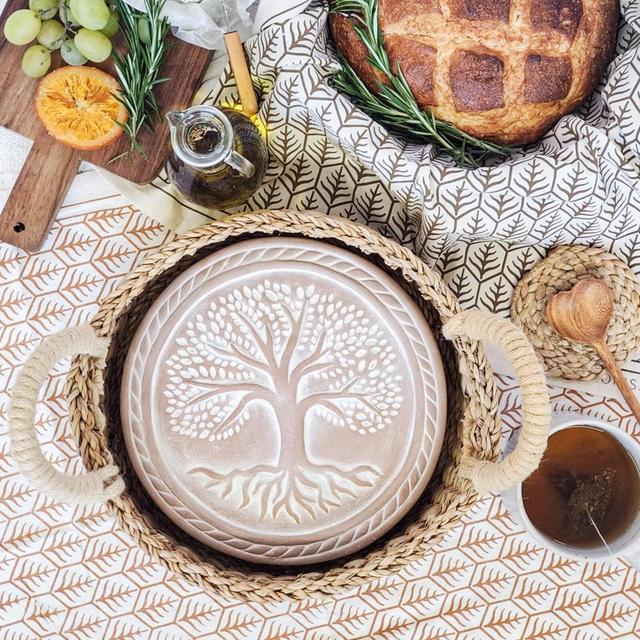 Housewarming Gift Handmade New Home Gift Unique Wedding Gift Hostess Gift Baking Bread Warmer Ceramic Warming Stone Wicker Basket [Round]