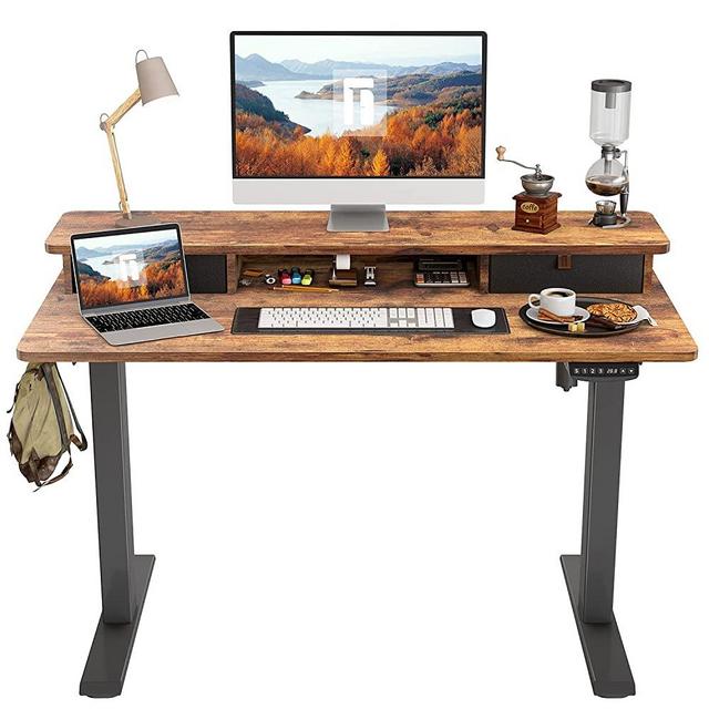 FEZIBO Height Adjustable Electric Standing Desk with Double Drawer, 48 x 24 Inch Stand Up Table with Storage Shelf, Sit Stand Desk with Splice Board, Black Frame/Rustic Brown Top