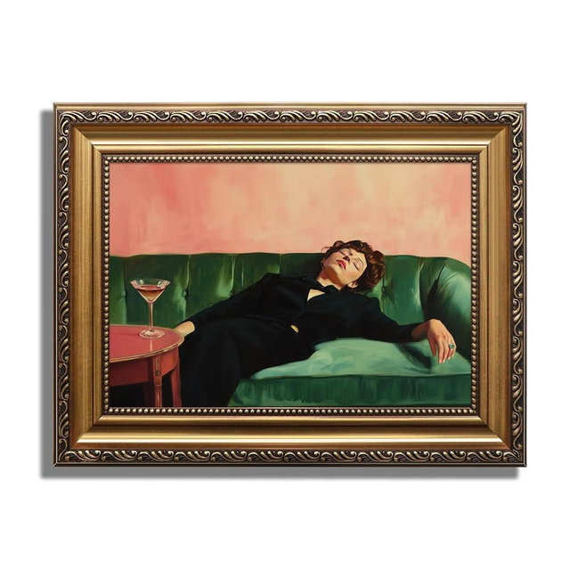 KBKBART Vintage Gold Framed Wall Art, Moody Wall Decor, Funky Victorian Woman on Couch with Martini Picture Canvas Paintings Artist for Bedroom Living Room Home Office Bathroom Decor 9x12Inch