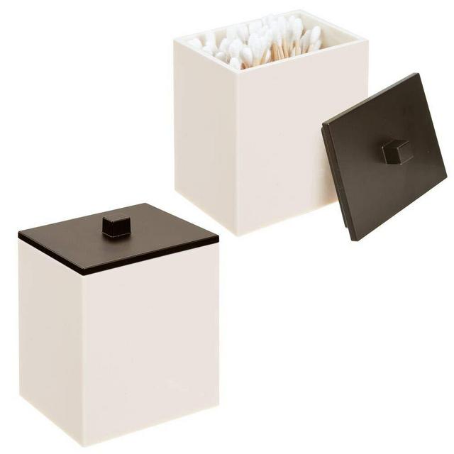 mDesign Modern Square Bathroom Vanity Countertop Storage Organizer Canister Jar for Cotton Swabs, Rounds, Balls, Makeup Sponges, Bath Salts, 2 Pack, Cream/Bronze
