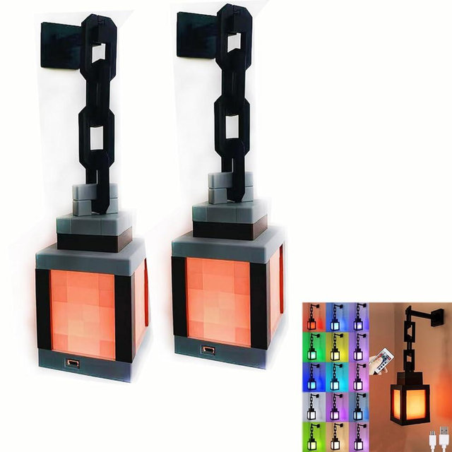 Pixelated Lantern Mood Light, 16-Color Led Night Light with Remote & Touch Control, Rechargeable Wall/Table Mountable Lamp for Boys Gaming Room Decor (2 Pcs)