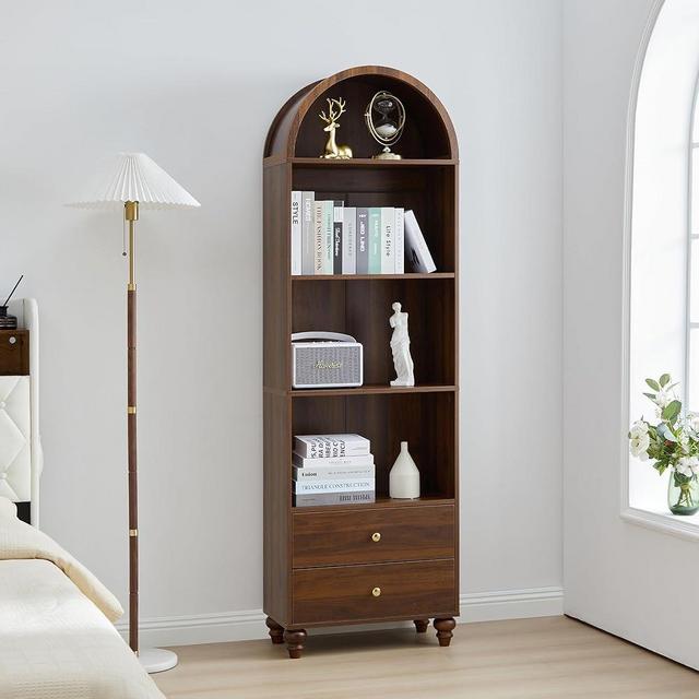 QEIUZON Bookshelf, 4 Tiers Arched Bookcase with 2 Drawers, Modern Book Display Storage Organizer for Living Room, Bedroom, Home Office (Walnut)
