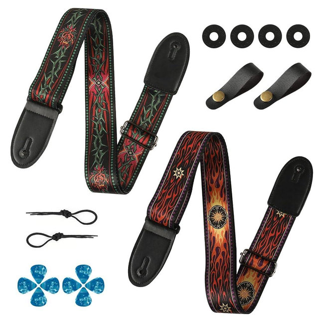 Cobahom 2 Pack Guitar Strap with Leather Ends, Adjustable Guitar Straps for Electric and Acoustic Guitars, Soft Guitar Straps with 8pcs Guitar Picks (Vintage)