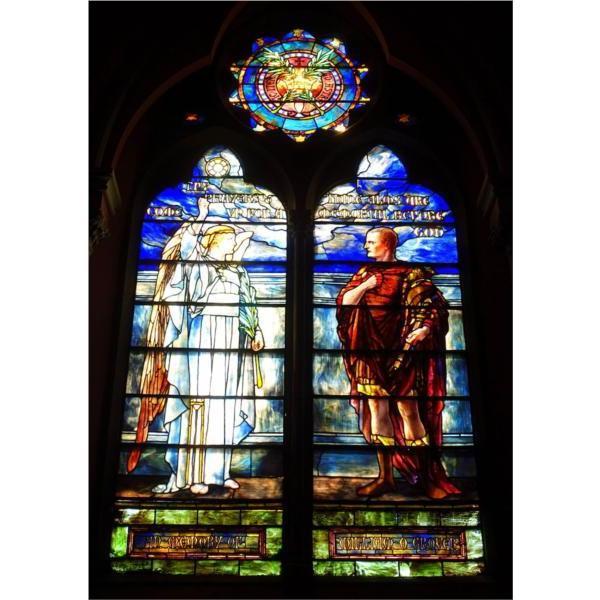 Stain glass windows of the church redecorated by Tiffany Glass and Decorating Co. in 1894.