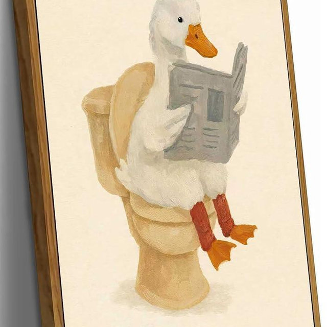 Framed Funny Bathroom Goose Canvas Wall Art Cute Goose Painting Picture Wall Decor Reading Newspaper Goose Poster Print Artwork for Washroom Bathroom Restroom Home Decoration 8x10in