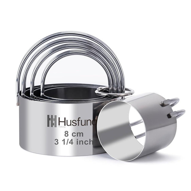 Husfunov Biscuit Cutter Set, Round Cookie Cutters with Handle, 5 Pieces Stainless Steel Circle Professional Baking Dough Tools for Cake