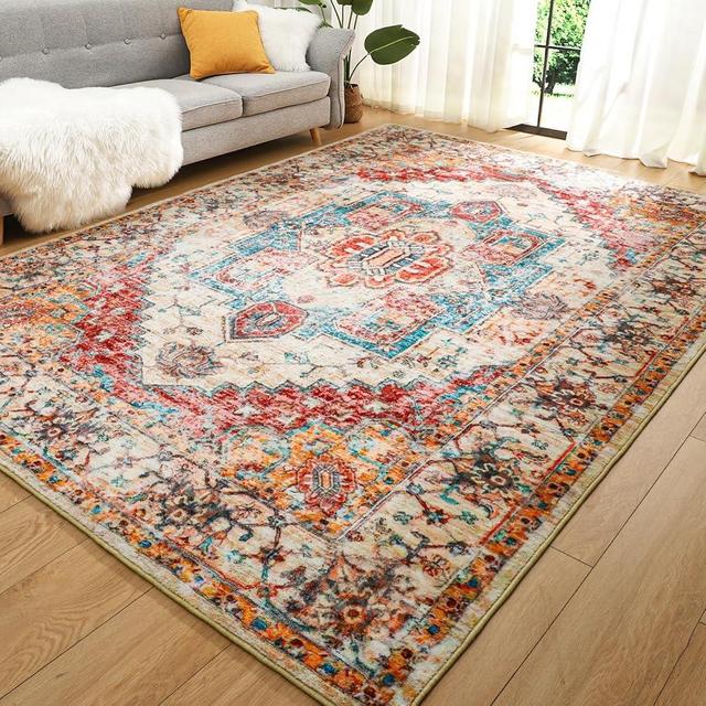 Comeet Vintage Washable Area Rug - 4x6 Soft Low-Pile Floor Carpet for Living Bedroom Rug, Non-Slip Non-Shedding Floral Print Indoor Accent Rugs for Dining Room Office Home Decor, Updated Orange