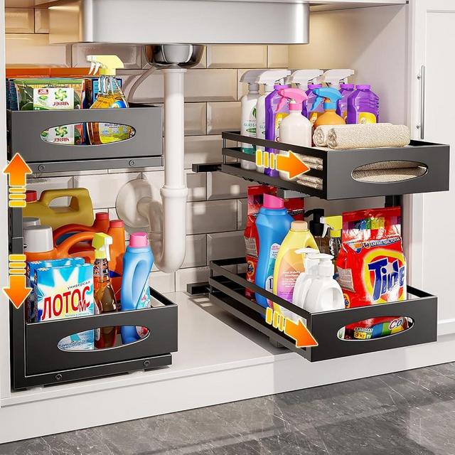 mixeshop Under Sink Organizer, 2 Pack Pull Out Cabinet Organizers, Slide Sink Steel Shelf Cabinet Storage Shelves, Under Sink Storage for Kitchen Bathroom Cabinet, Black