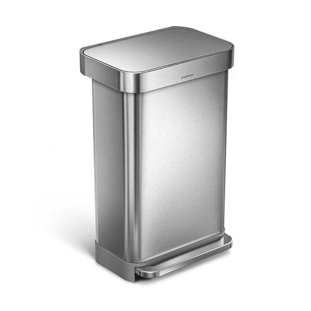 simplehuman 45 Liter Rectangular Hands-Free Kitchen Step Trash Can with Soft-Close, Brushed Stainless Steel with Plastic Lid