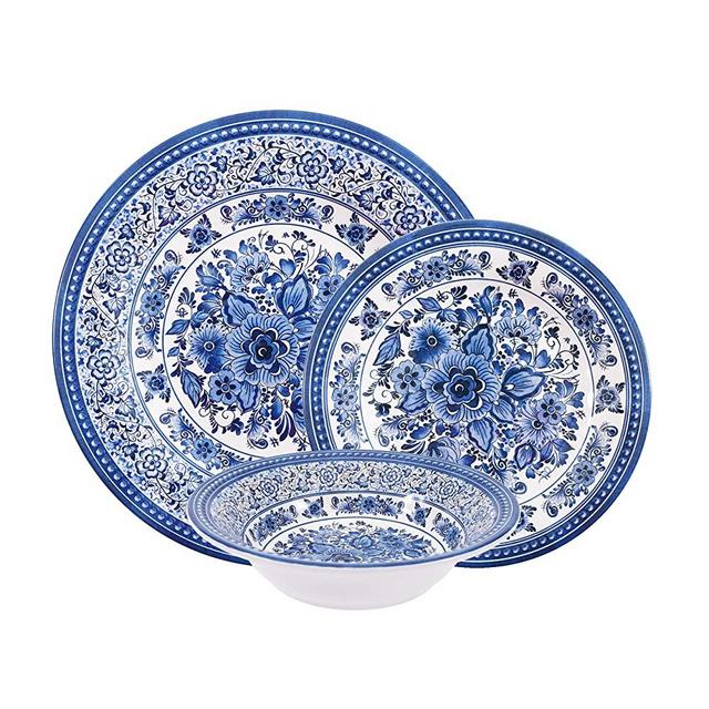 First Design Global Decorative Antique Floral 12 Piece Melamine Dinnerware, Unique Dish Set for Parties or Everyday Use, Service for 4