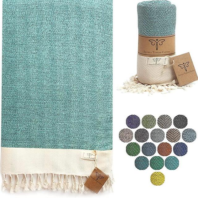 Smyrna Herringbone Series Original Turkish Beach Towel | 100% Cotton, Prewashed, 37 x 71 Inches | Peshtemal and Turkish Bath Towel for SPA, Beach, Pool, Gym and Bathroom (Sea Green)